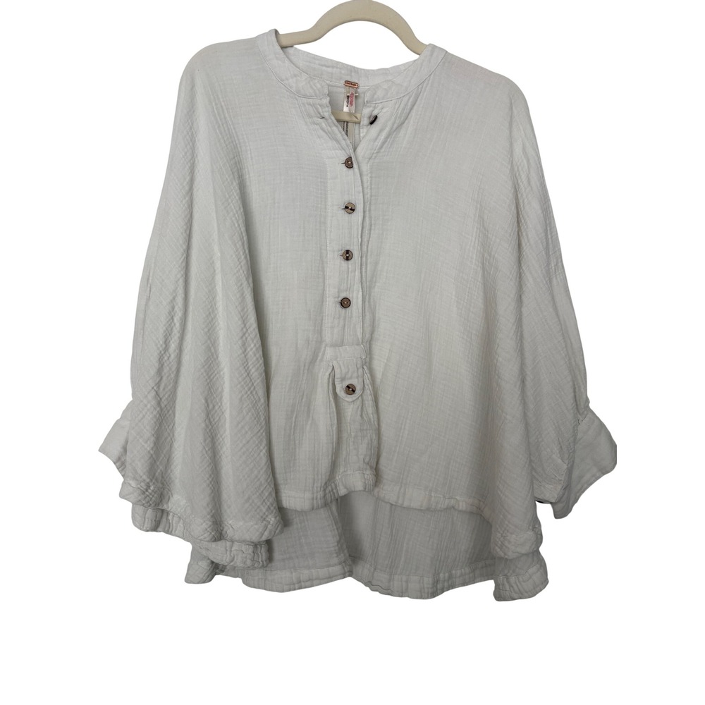 Free People Coastal Grandma Boho White Gauze Button Down Oversized Blouse M - Picture 2 of 9